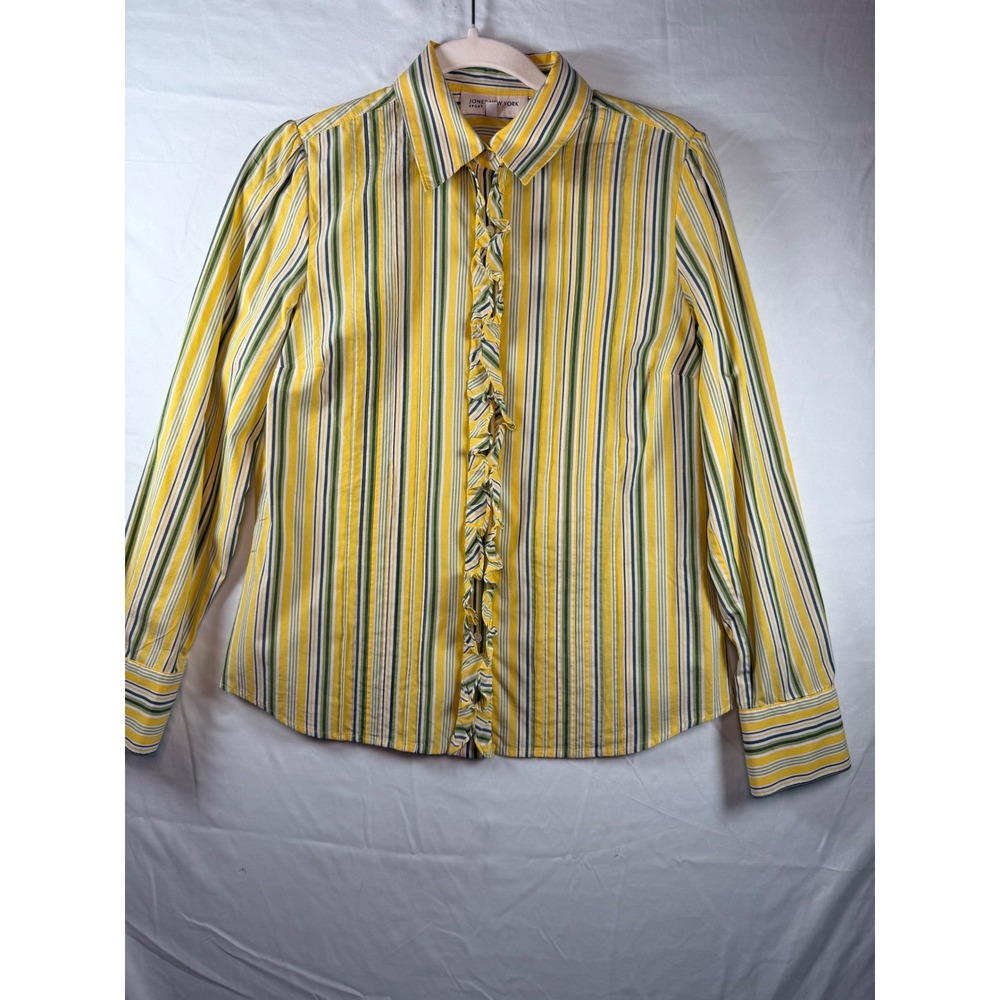 Jones New York Sport Yellow Green Striped Ruffle Front Button Down Shirt Small